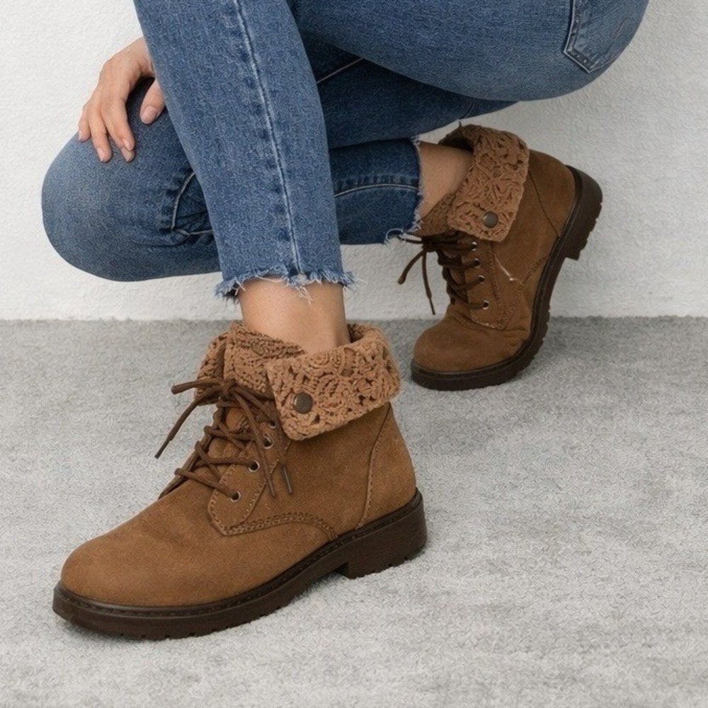 American Eagle Lace Cuff Combat Boots Brown Suede Women Size 8.5